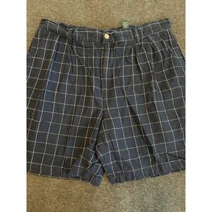 Claybrooke Linen Size 34 Plaid Shorts Pleated Front Preppy Vintage Navy Blue